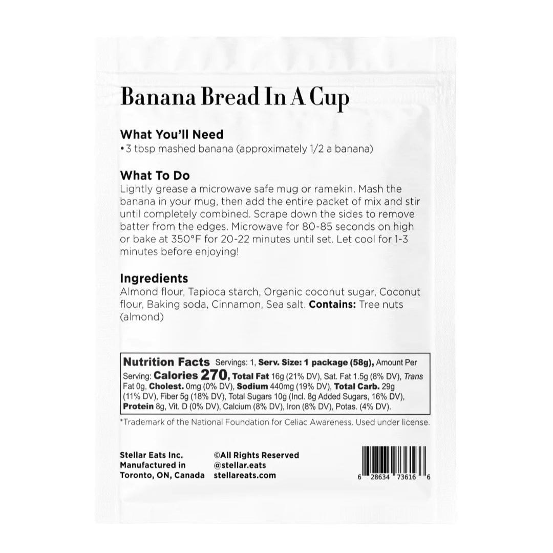 Stellar Eats Instant Treat: Banana Bread In A Cup (Single or 8 Pack) Nutrition Facts